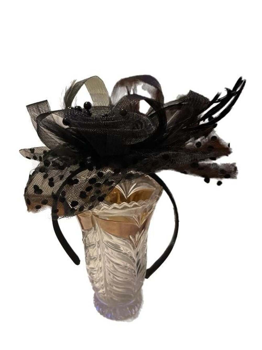 Vintage-Inspired Black Mesh Flower Fascinator with Swiss Dot Tulle and Feathers